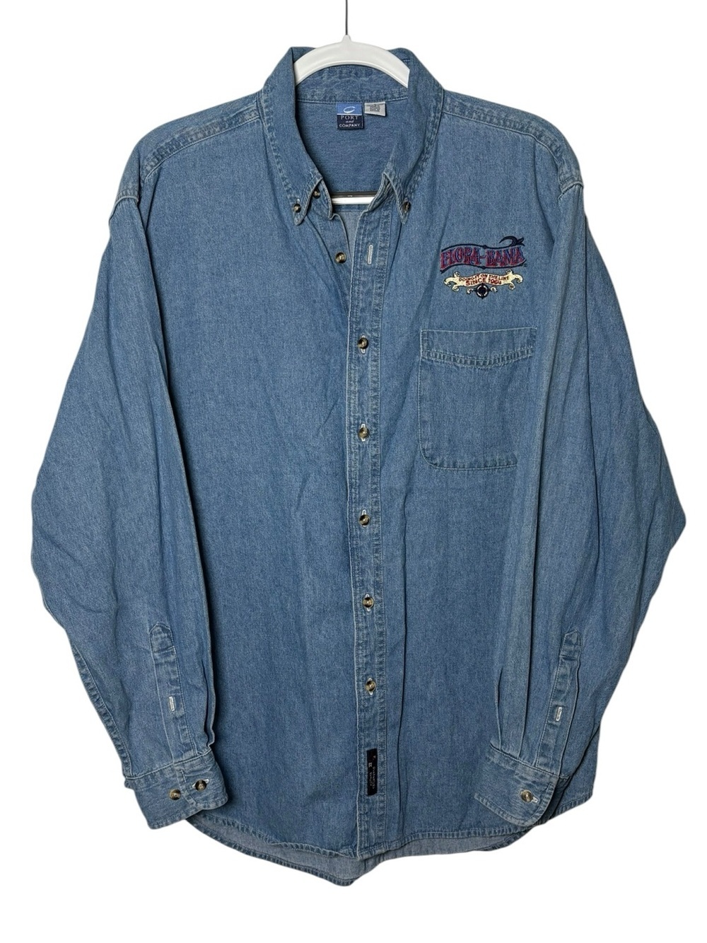 Vtg Port & Company Denim Button Down Shirt Flora-Bama Large Embroidered Western
